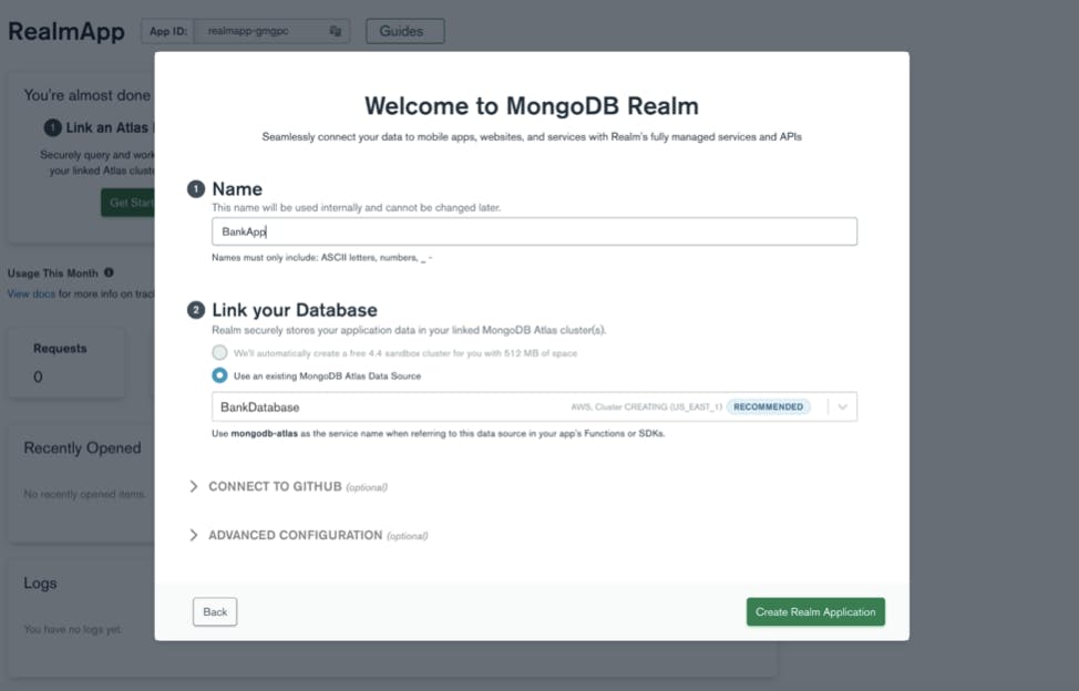 Screenshot of MongoDB Realm interfacel